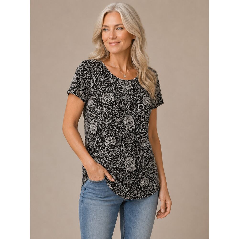 Croft & Barrow Classic Tee Womens Medium Black White Floral Top